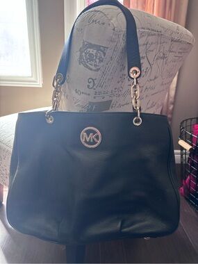 Michael Kors Black Leather Tote with Gold MK Coin